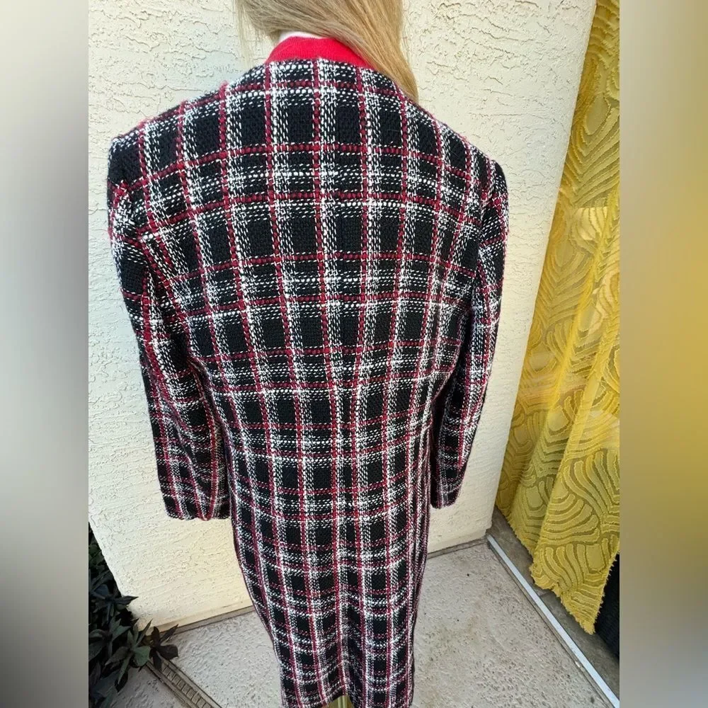 Calvin Klein Plaid Tweed Long Jacket Coat Black Red White Size 12 EUC Lined
